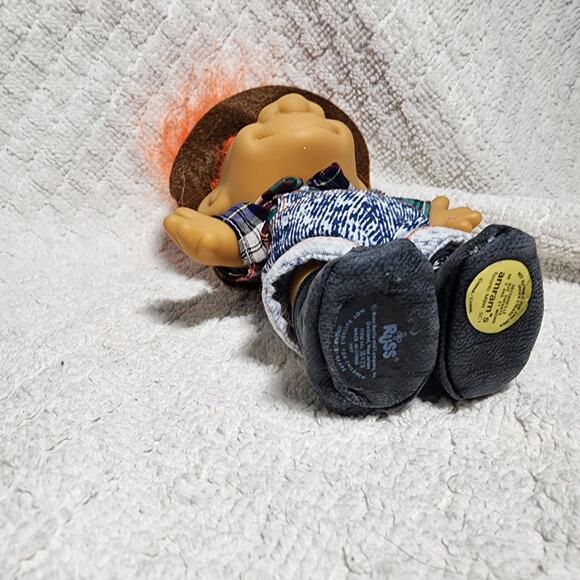 Russ Vintage Country Farmer Troll Doll 5" Jean Overalls Boots Orange Hair Hat - Picture 5 of 5